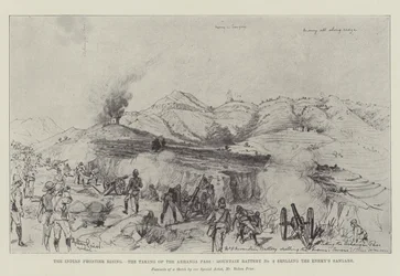 Der indische Grenzaufstand, die Einnahme des Arhanga-Passes, Gebirgsbatterie Nr. 8 beschießt die Feinde